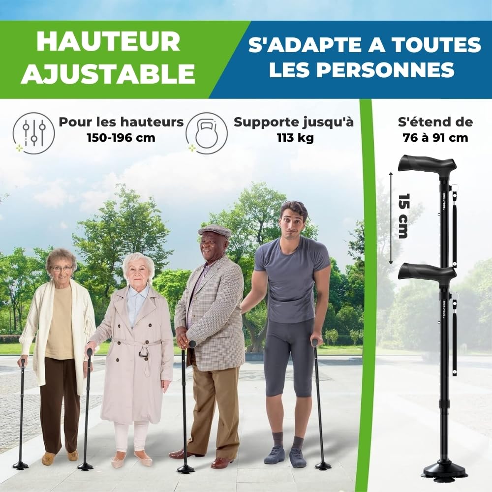 HONEYBULL Canne de Marche Tripode Pliable pour Homme et Femme, Réglable en Hauteur, Base Antidérapante Tout Terrain, Canne en Aluminium Robuste et Légère pour Seniors et Aide à la Mobilité