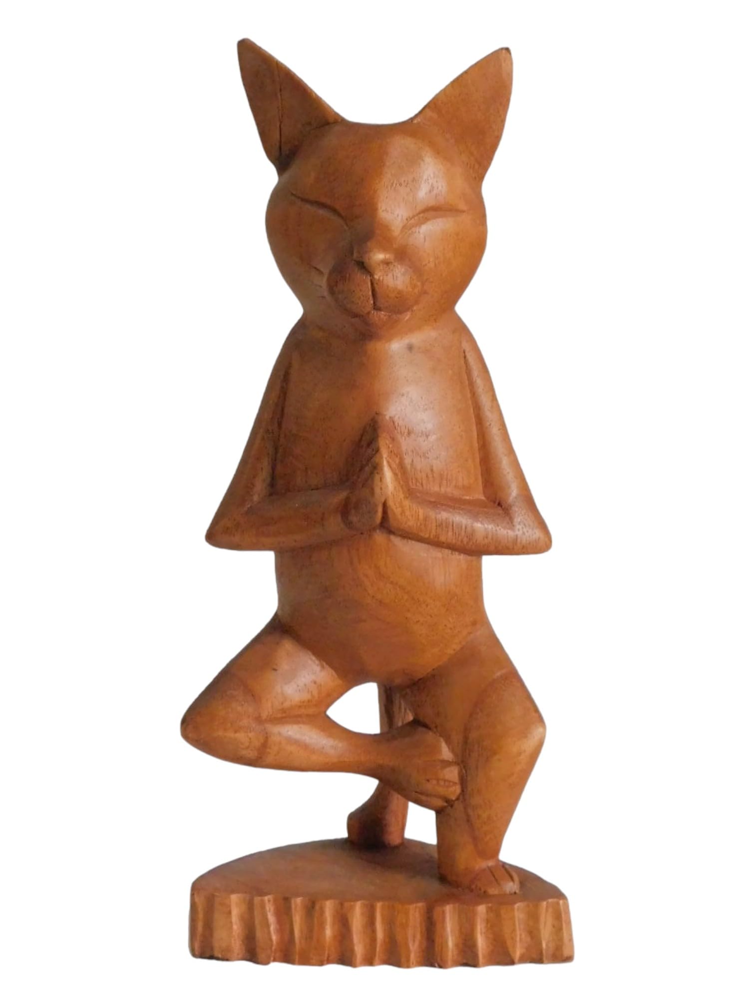 Brave Wings Hand Carved Wooden Cat ~ Meditating Cat 25.5cm High ~ Ornament Sculpture Figurine Statue Unique Table Decoration Home Decor ~ 5069