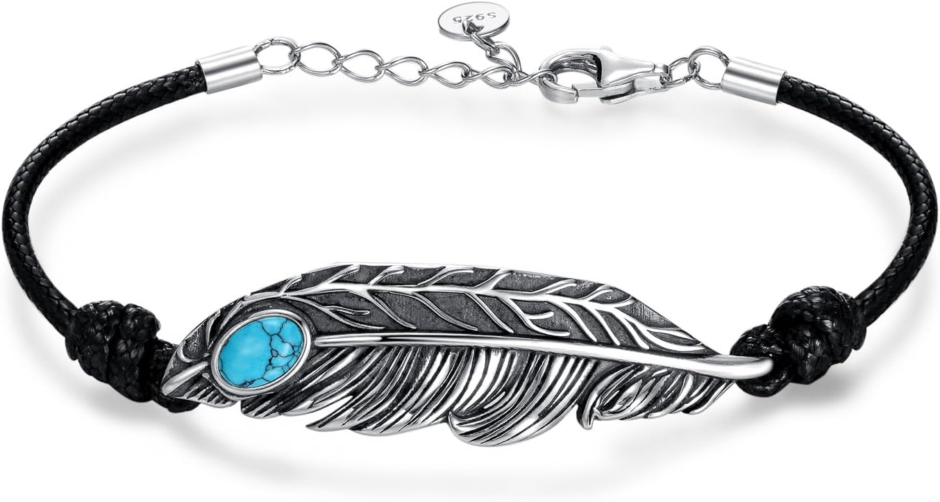 PEIMKO Feather Turquoise Leather Bracelet 925 Sterling Silver Feather Bracelet Turquoise Bracelet for Women Man for Birthday Christmas 7+1（extension）