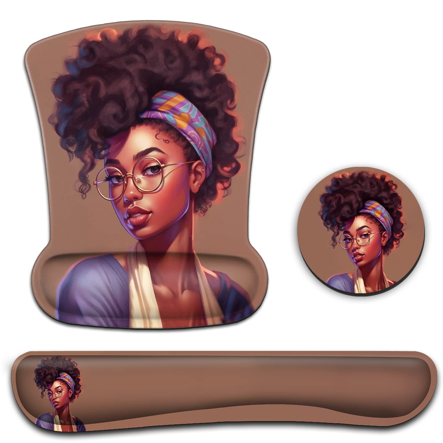 Ergonomic Mouse Pad Wrist Support Gel and Keyboard Wrist Rest Set American Women African Black Design for Laptop, Mac, Gaming and Office, Durable,