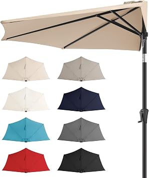FLAME&SHADE 9 ft Half Patio Umbrella with Push Button Tilt, Beige | UV Protection, Small Half Round Umbrella Outdoor for Wall Balcony, Pool, Porch, Garden, Deck, Backyard, Provides Shade