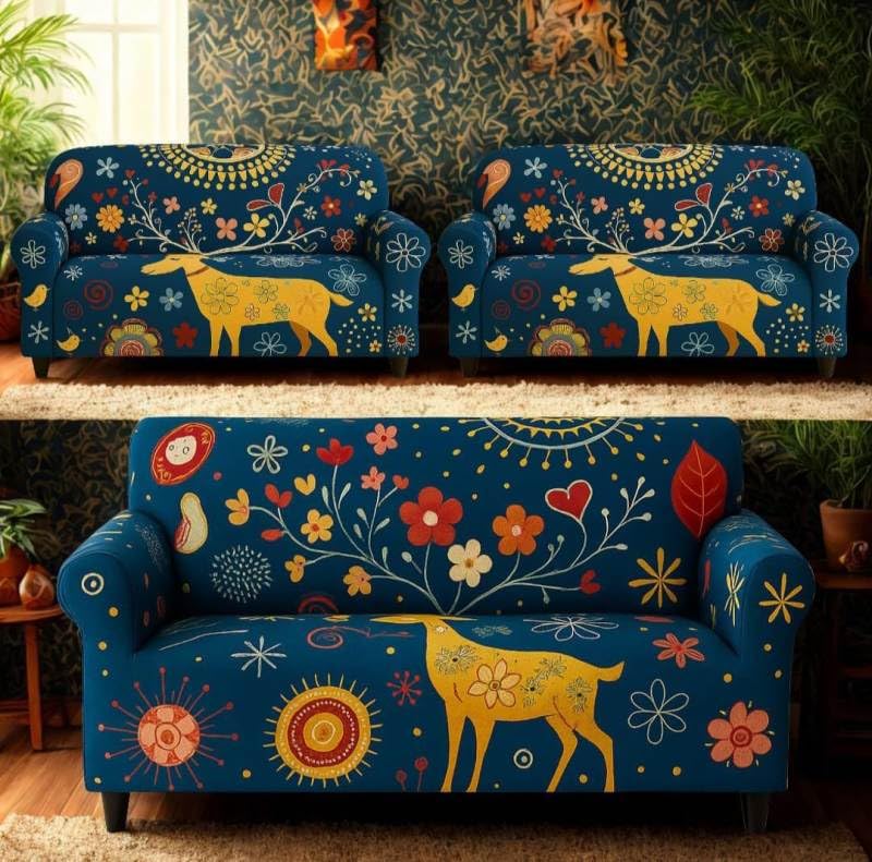 Image of HK Printed 5 Seater Sofa Cover Big Elasticity Cover Stretch Universal Sofa Slipcover 5 Seater (3 Seater Size 185-230cm and 1 Seater Size 90-145cm)