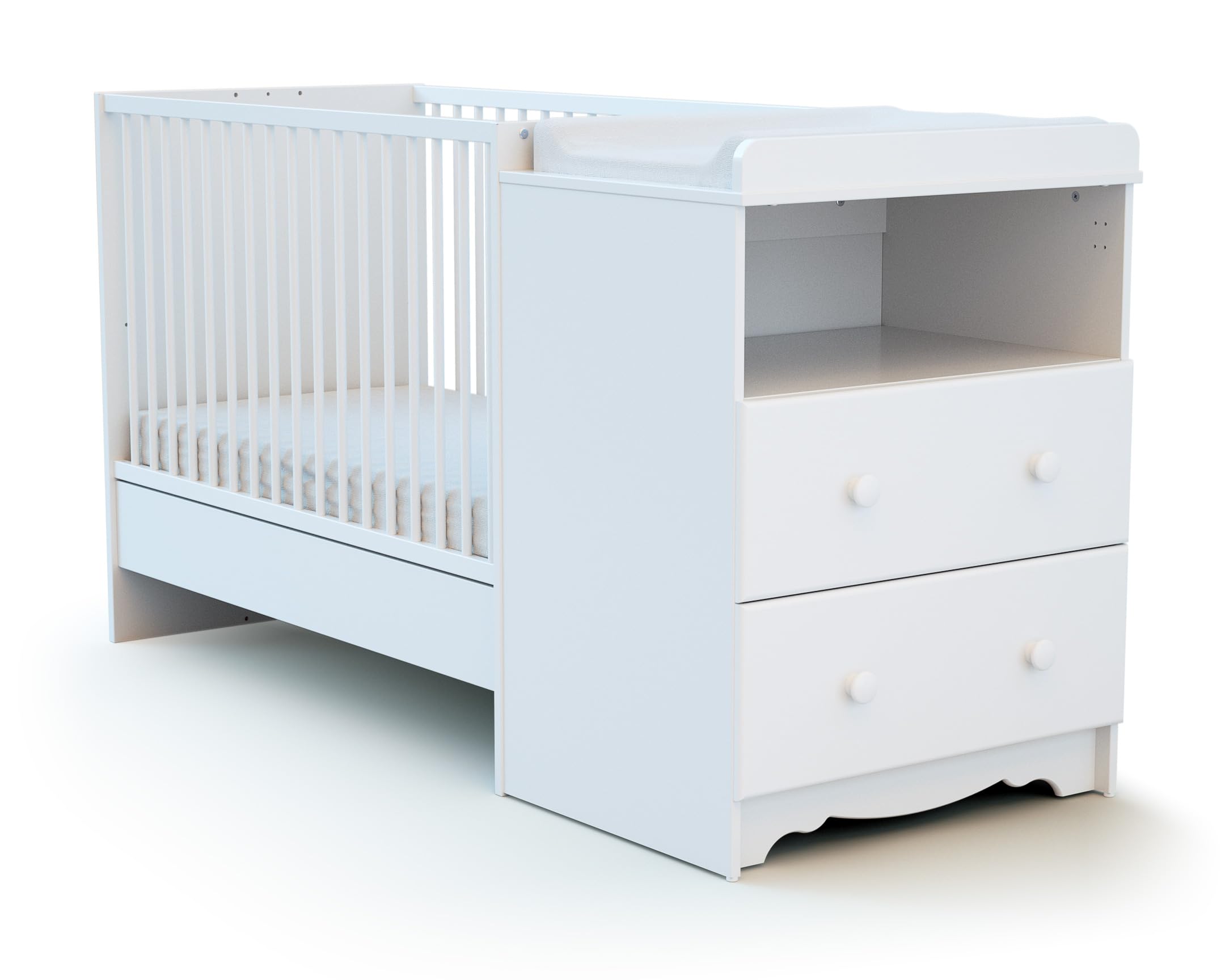 AT4 - Cuna bebé y cómoda cambiador MARELLE madera - Blanco - 60 x 120-194 x 94 x 70 cm