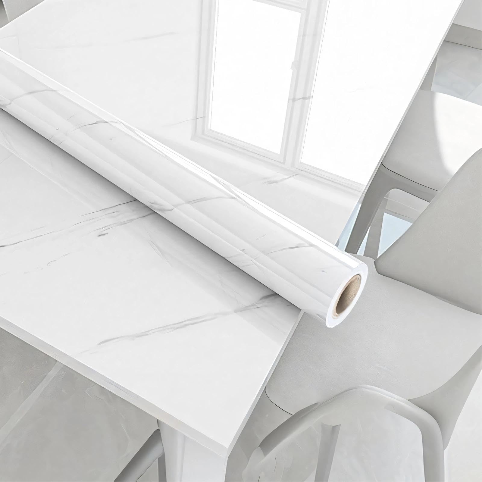 White Marble Self-Adhesive Vinyl Wrap, 40cm x 10m Waterproof Wallpaper & Sticky Back Plastic Roll for Kitchen Worktop Covering, Furniture Protection, Bedroom, Bathroom & Home Wall Decoration