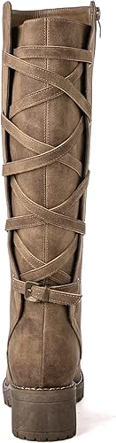 Vista 5 de GLOBALWIN Botas altas de motocicleta con tiras para mujer, botas de equitación de pantorrilla ancha con cordones en la parte trasera para otoño e