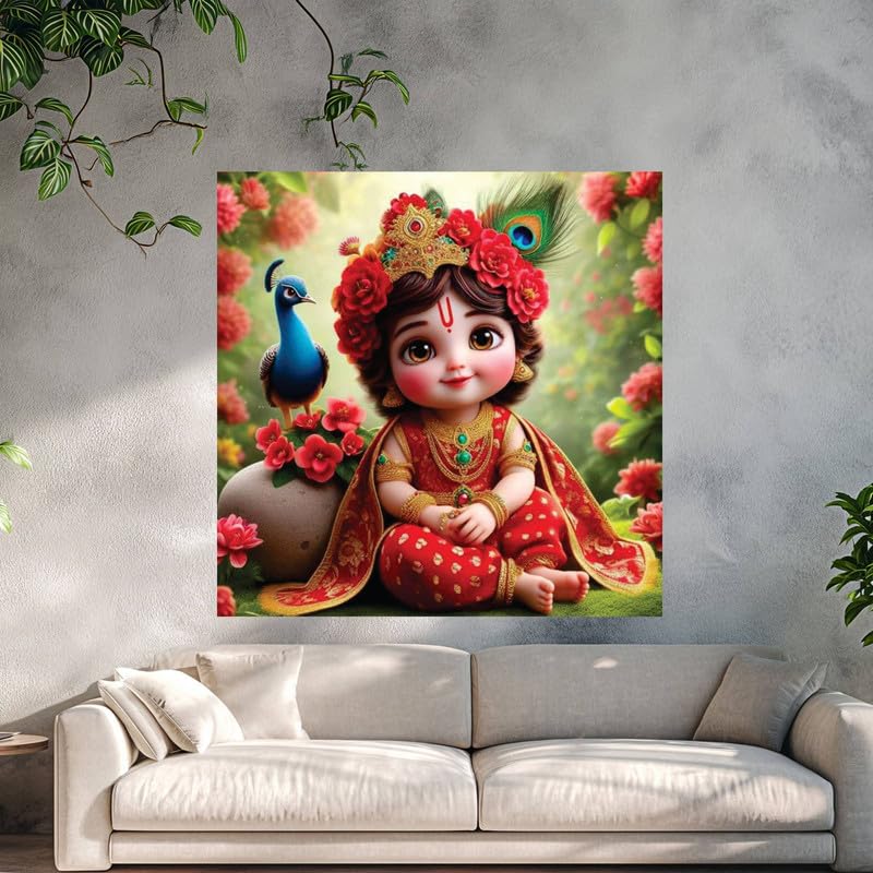 Image of British Terminal Cute little Bal Gopal Baby God Krishna| Kanha Ji | Laddu Lord Makhan Chor Painting Religious Poster for Pregnant Women for wall (matt thin vinyl,sticker,multicolor,unframed)| bj384