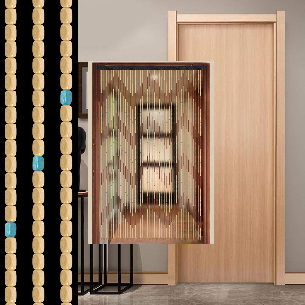 Rideau de porte en perles de bois - Protection contre les mouches - 31 brins - Avec design circulaire - Pour véranda, porte - 220 x 90 cm