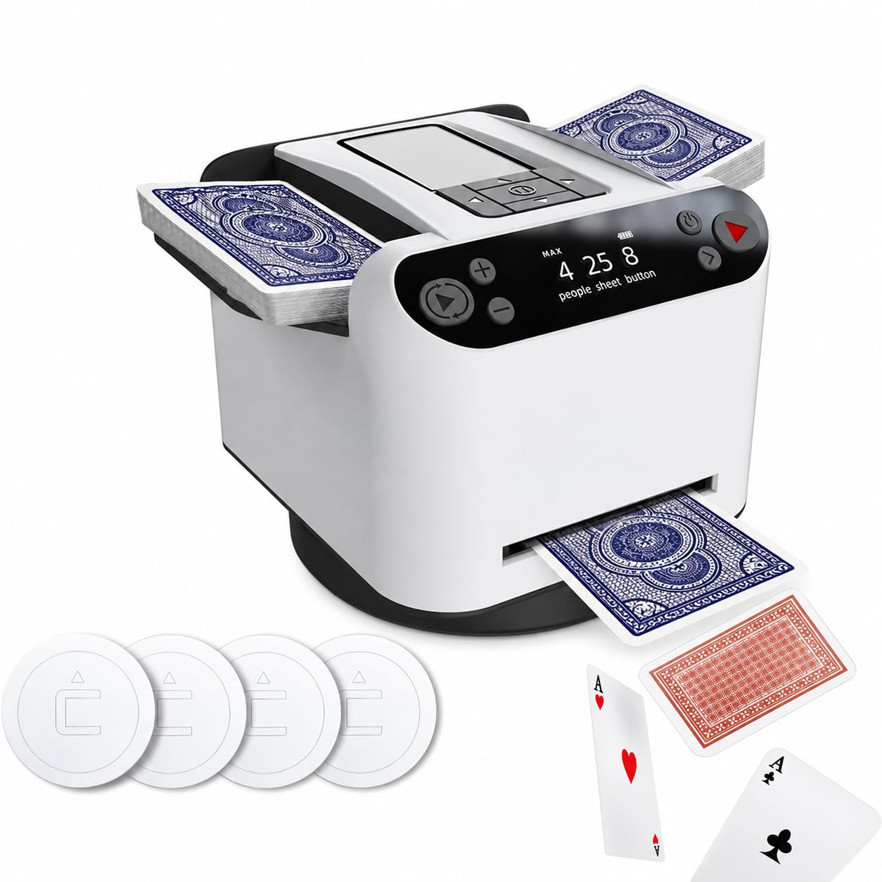 Shuffler e rivenditore automatico 2 in 1 con display touch OLED | Tre modalità di rotazione per 1-8 giocatori, quattro pulsanti di chiamata wireless e una batteria ricaricabile da 5200 mAh
