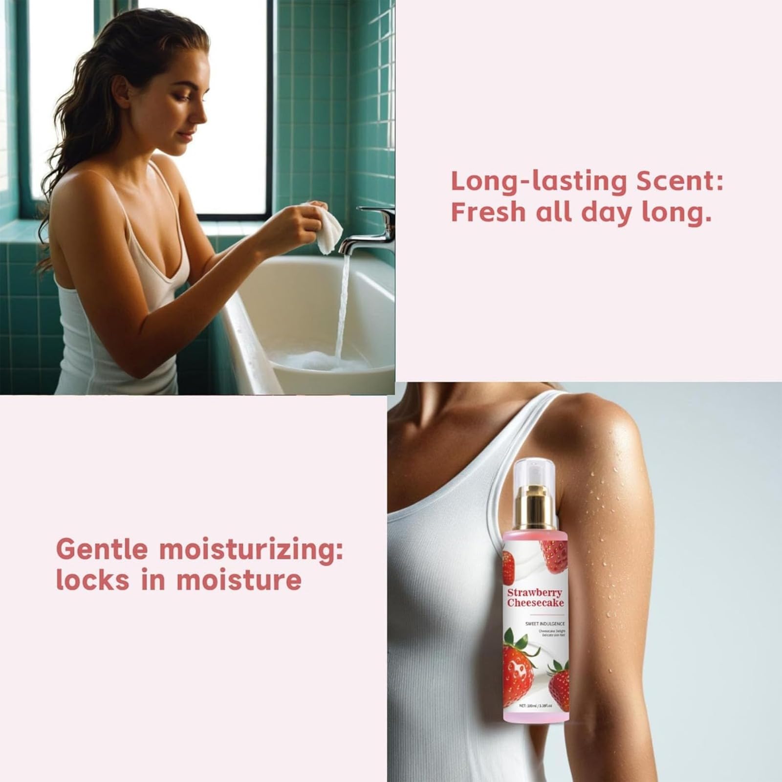 Strawberry Cheesecake Body Spray dla kobiet – trwała mgiełka perfumowana do włosów i skóry, zapach zapachowy, nawilżająca pielęgnacja ciała, 100 ml (4)