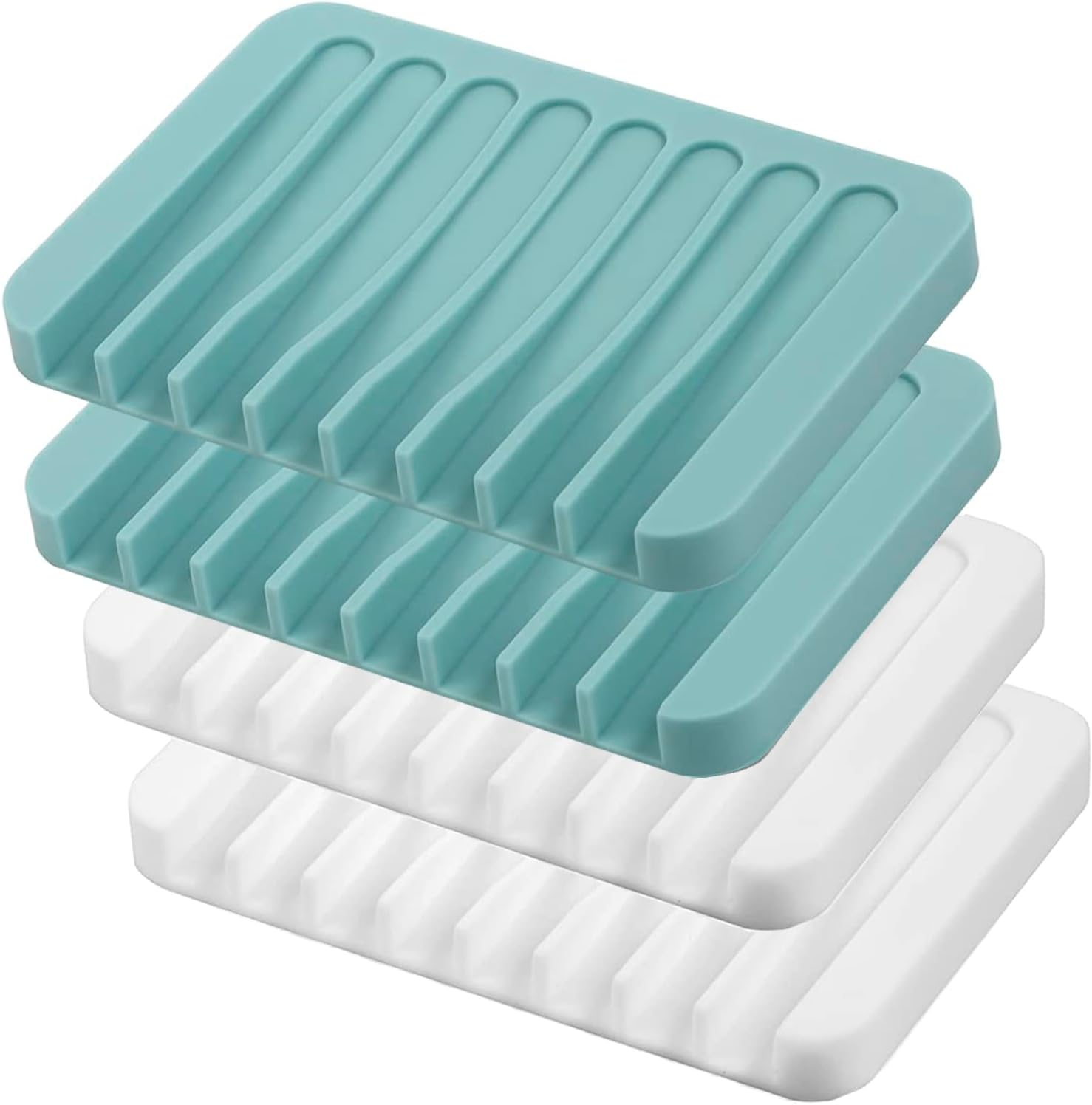 4PCS Premium Silicone Self-Draining Soap Holders, Waterfall Drainer Soap Savers for Bathroom, Kitchen & Bath Tub - Extends Soap Life, Easy Clean (White & Teal)