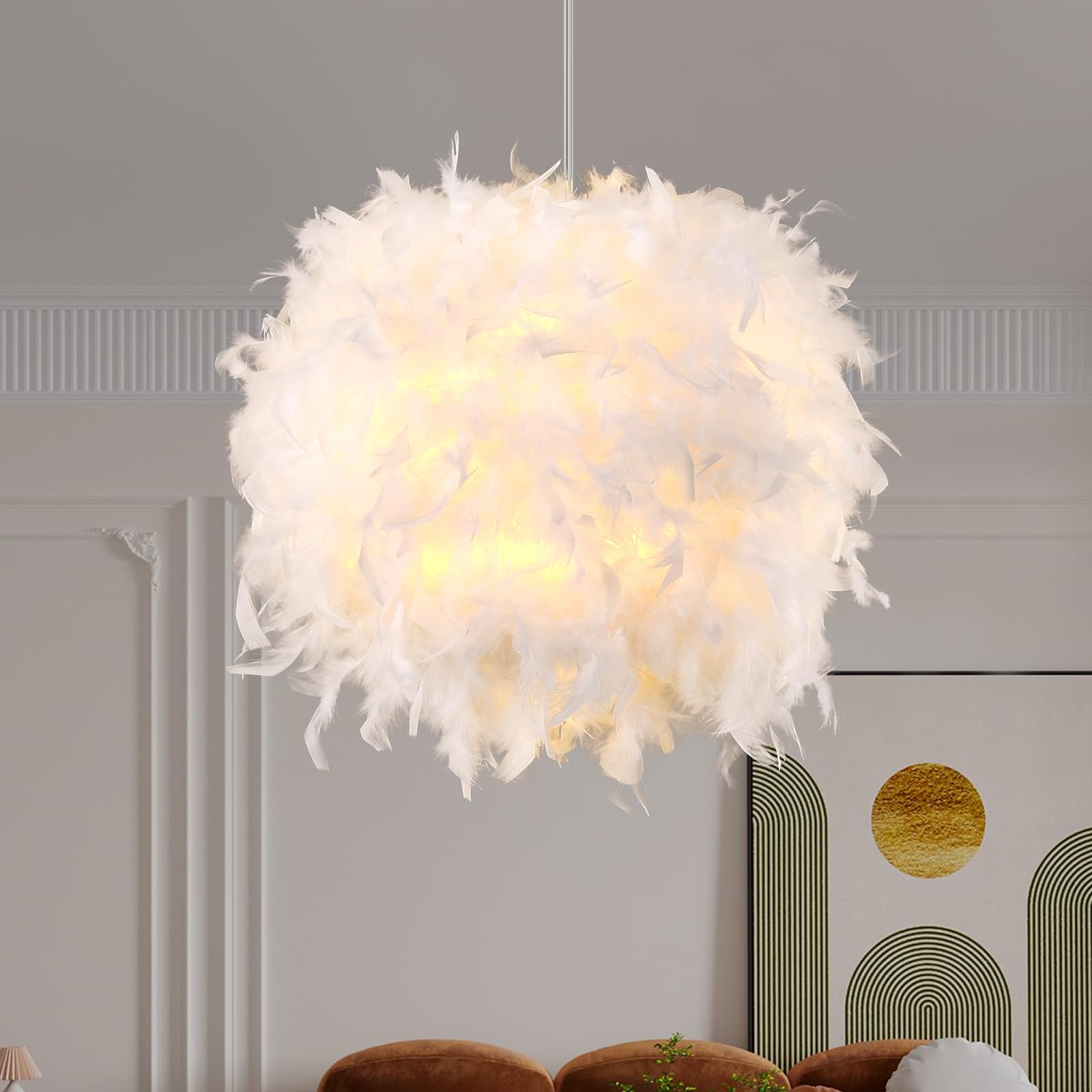White Feather Chandelier Pendant Light - 11.8" Diameter, E26 Socket & Adjustable 3.28ft Cord - Romantic Semi Flush Mount Ceiling Lamp for Bedroom, Living Room,Girls Room & Wedding Decor