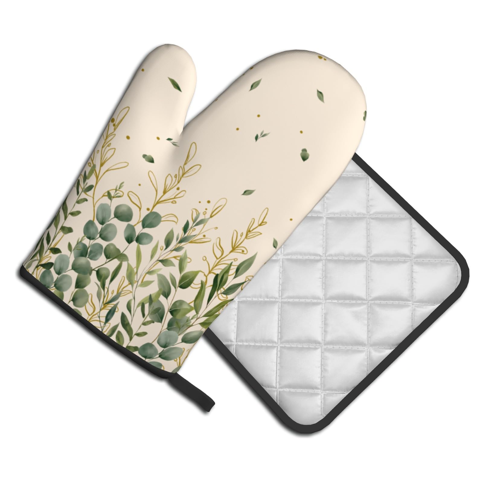 Ofenhandschuhe und Topflappen, Salbeigrün, Eukalyptus, wasserfarben, grün-gelbe Blätter, Zweige, waschbar, hitzebeständig, Küchenhandschuh, Topflappen, Bauernhaus-Dekoration, heiße Pads für Zuhause