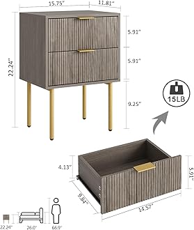 Masupu Night Stand,Mid-Century Modern Bedside Table with 2 Storage Drawer,Small Gold Frame Side End Table for Bedroom,Living Room, Grey