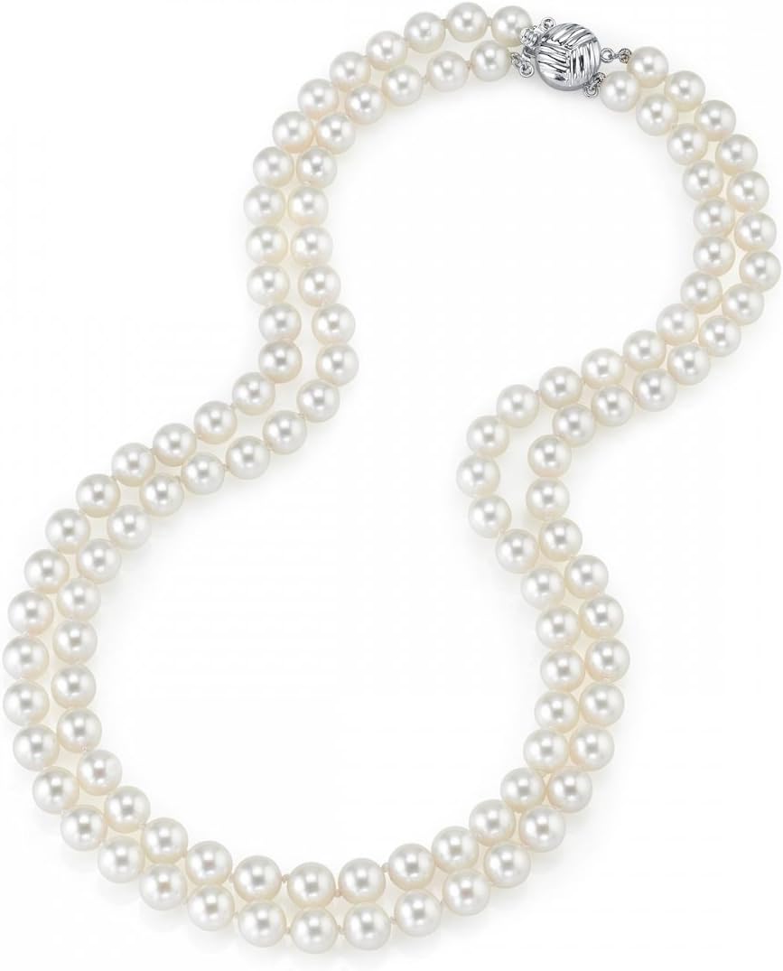 14K Gold 7-8mm Double Strand White Freshwater Cultured Pearl Necklace - AAAA Quality, 19-20" Length