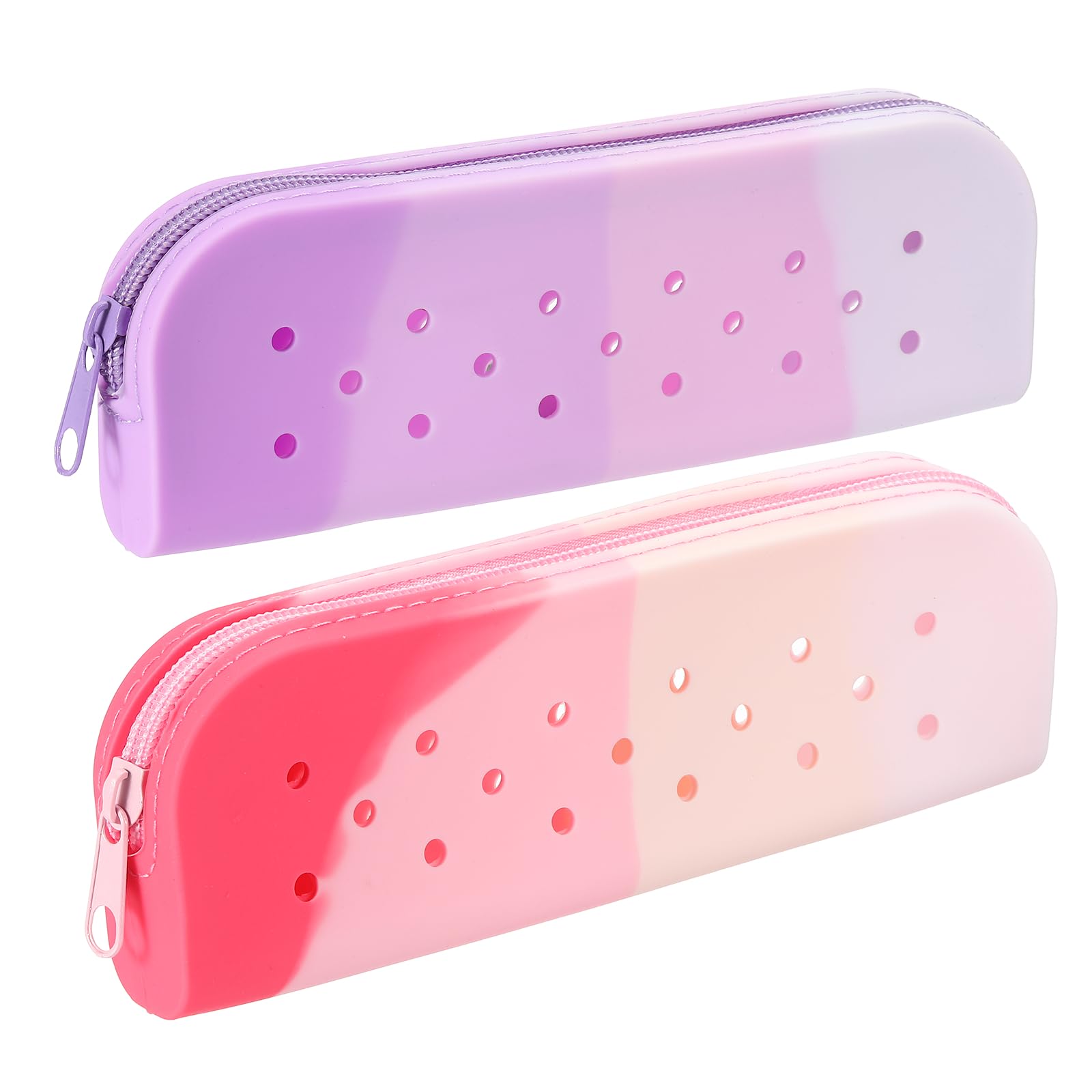 PATIKIL 2 Pack Silicone Pencil Pouch, Small Pencil Pouch Case with DIY Holes Cute Silicone Stationery Organizer for Office Travel Makeup, Gradient Purple/Gradient Red