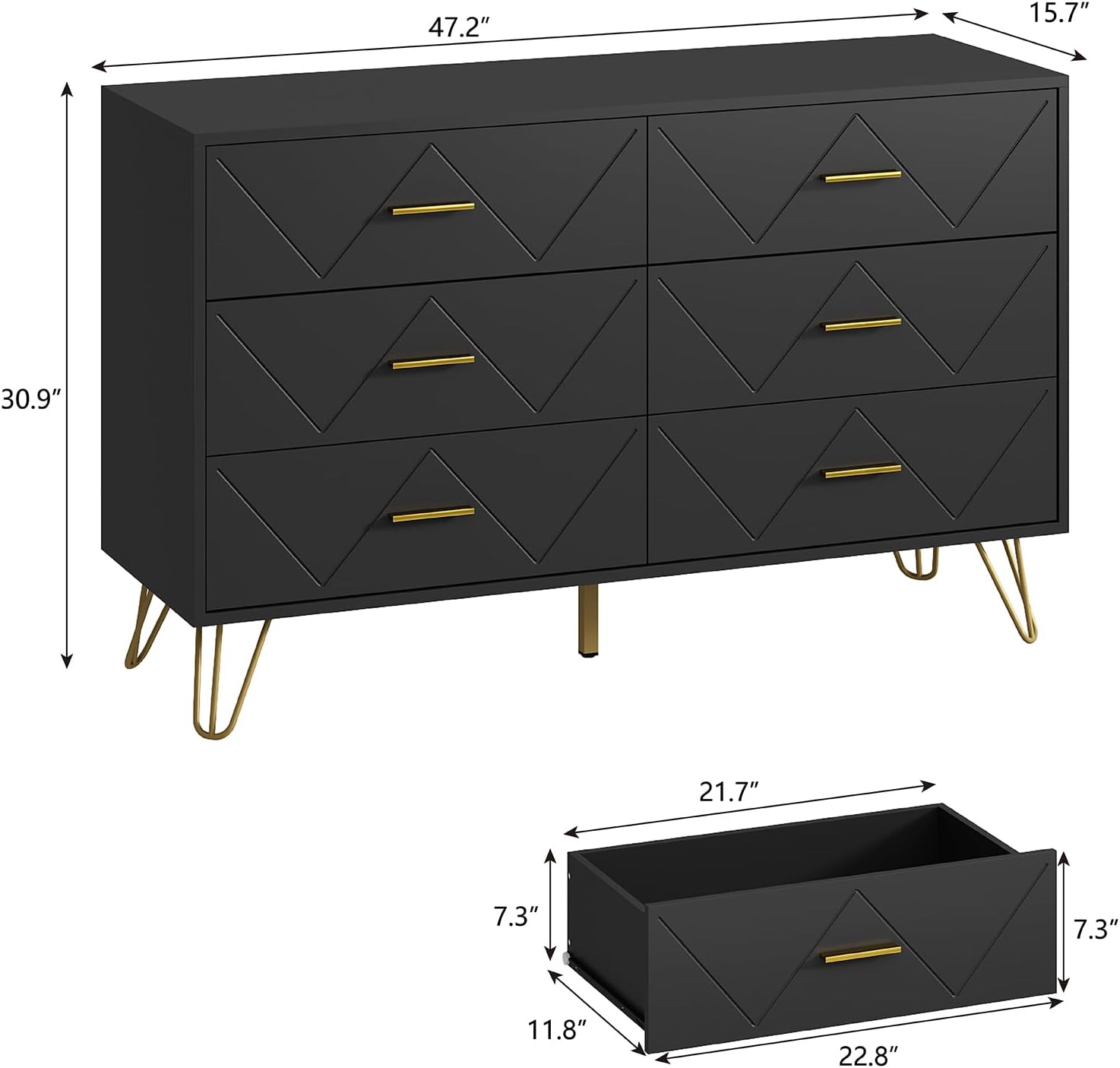 6 Drawer Black Dresser for Bedroom, Modern Chest of Drawers with Deep Drawers,Wood Dresser with Gold Metal Handles for Bedroom, Living Room, Hallway