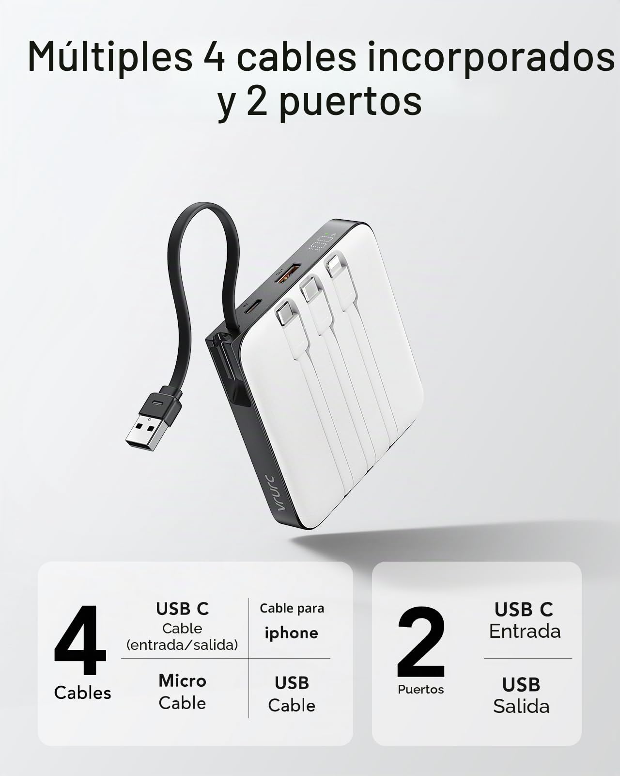 VRURC Power Bank - Batería externa (20000 mAh, 4 cables, carga rápida de 22,5 W)