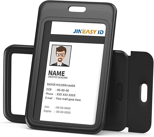 Miniatura 3 de JINEASY ID Paquete de 3 portatarjetas verticales de plástico duro para tarjetas de identificación de trabajo, resistente, color negro