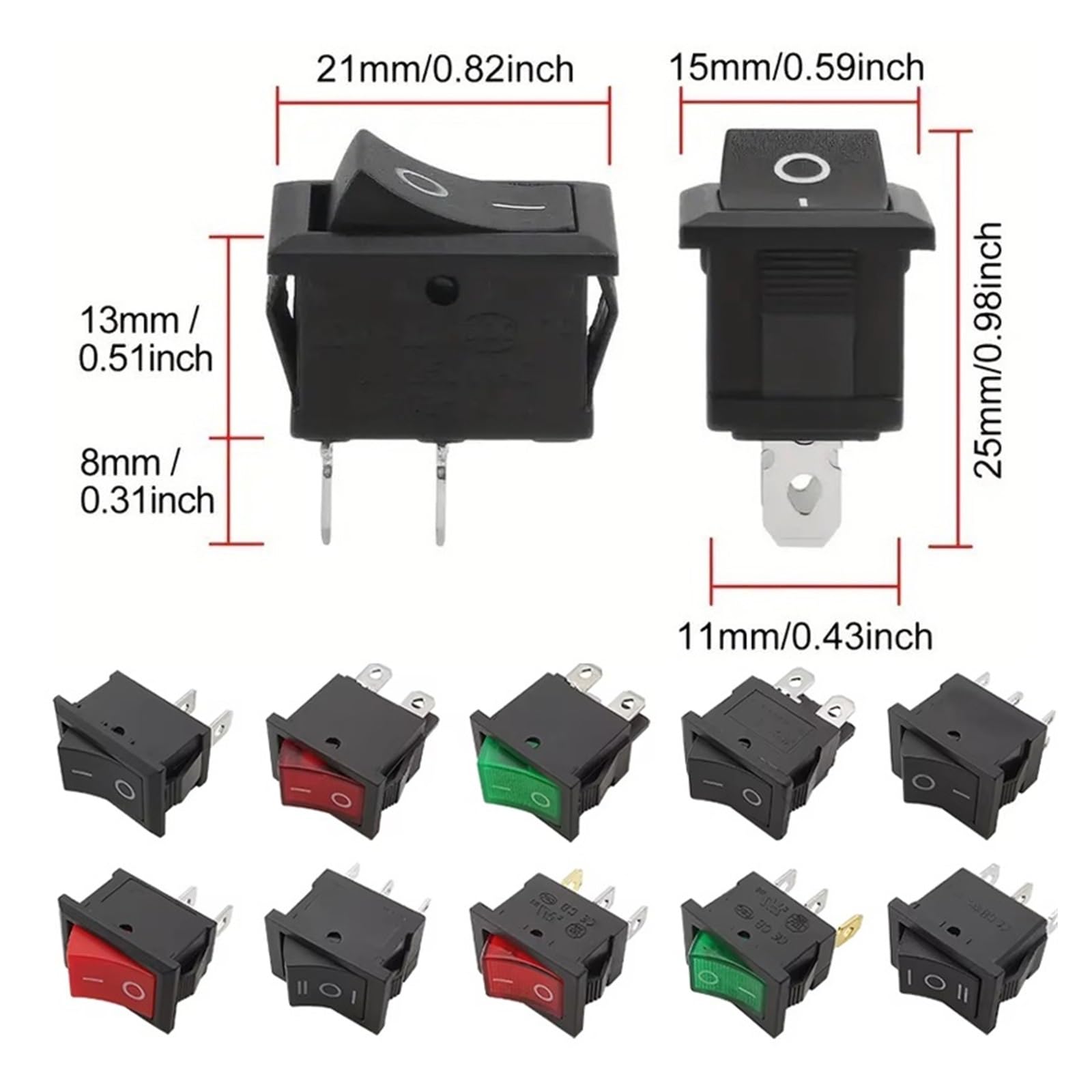 100PCS KCD1 Serie 2/3/4 Pin ON-OFF Boot Rocker Position Power Schalter | 15 mm x 21 mm, Schwarz, Rot, Grün, 6 A/250 V, 10 A/125 V Wechselstrom(Red 3Pin,500 PCS)