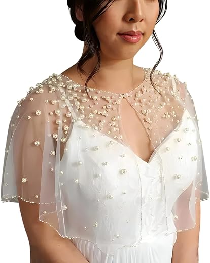 Bridal Pearl Beaded Cape Shawl, Sheer Mesh Wedding Wrap, White Net Poncho