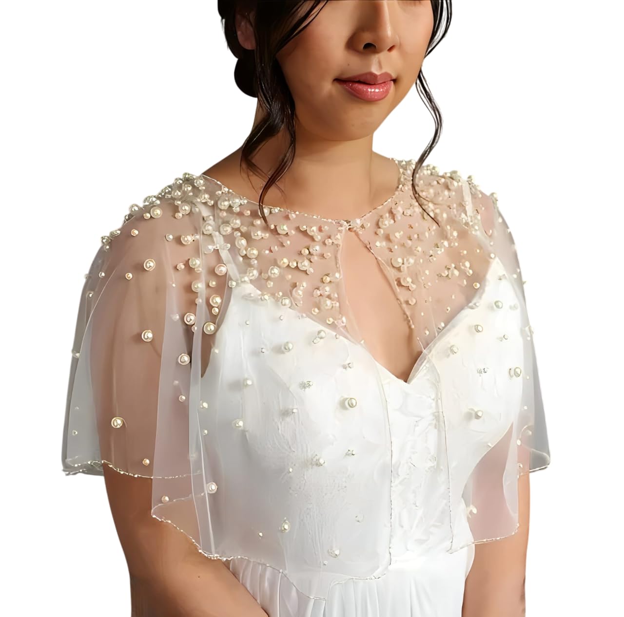 Bridal Pearl Beaded Cape Shawl, Sheer Mesh Wedding Wrap, White-image-11