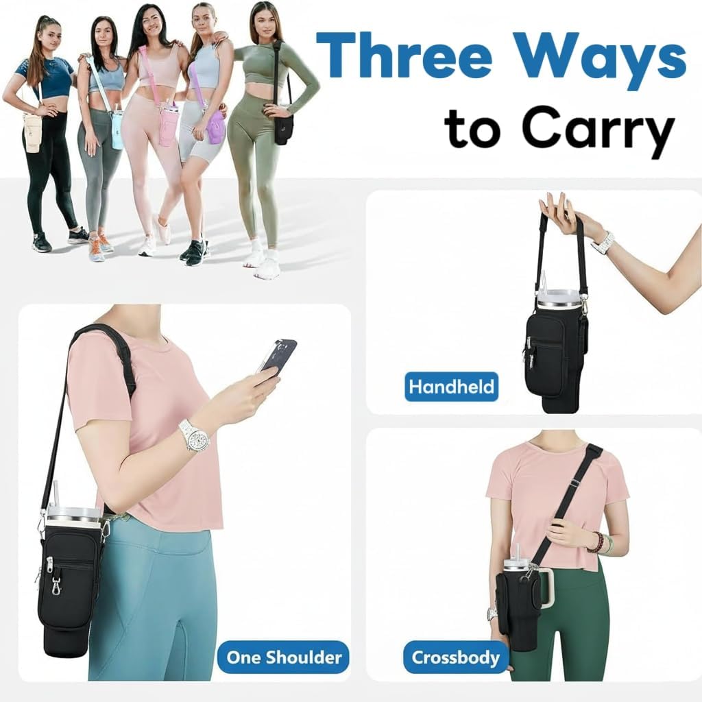Water Bottle Carrier Bag for Stanley 40 oz Tumbler with Handle Adjustable Strap Sling Crossbody Bag with Phone Pocket Quencher H2.0 Stanley Cup Holder Pouch for Hiking Gym Accessories
