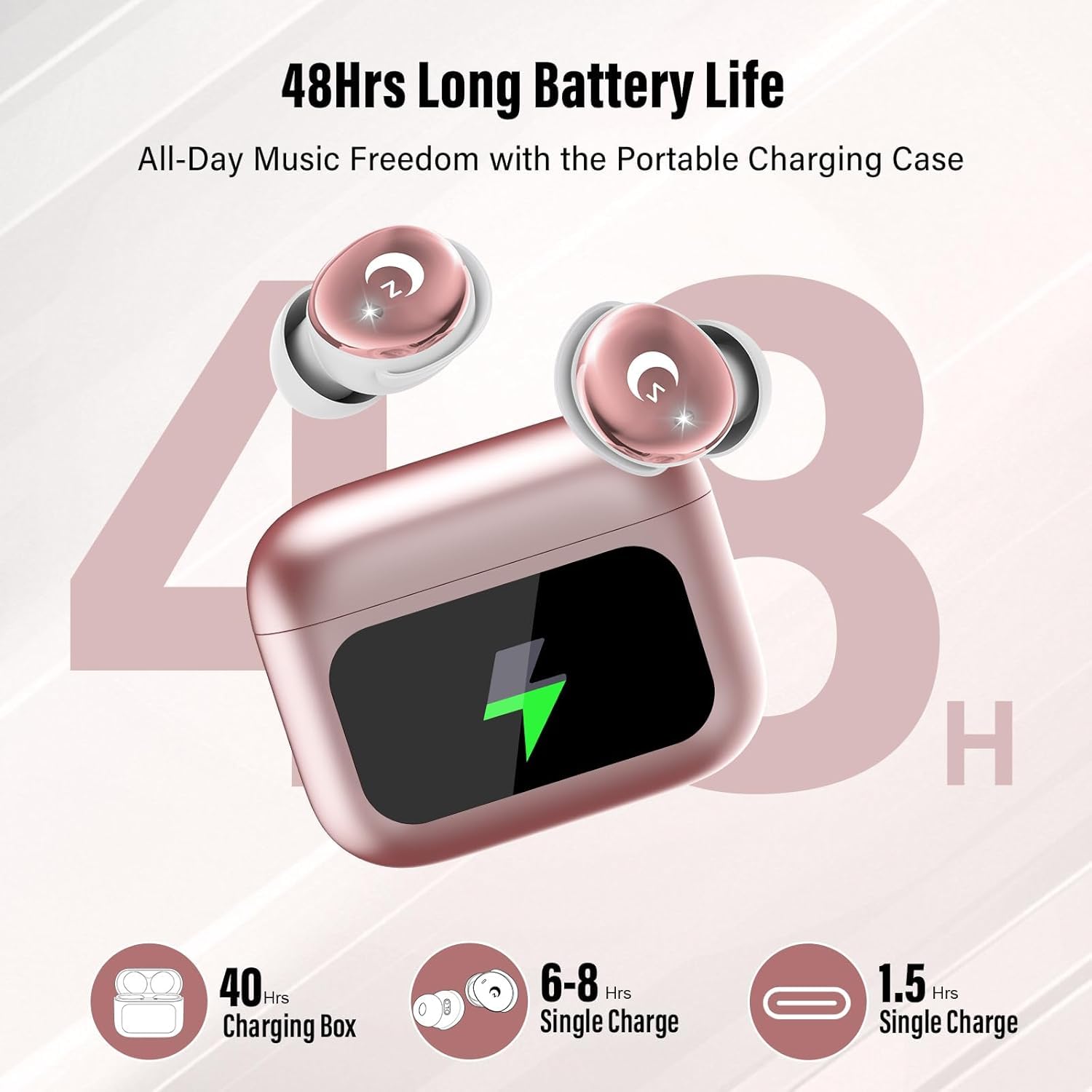Cuffie Bluetooth, mini cuffie per dormire, 48 ore, Bluetooth 5.4 con touchscreen, 2026, senza fili, con cancellazione del rumore ENC, auricolari IPX7, bassi profondi, polvere di rosa