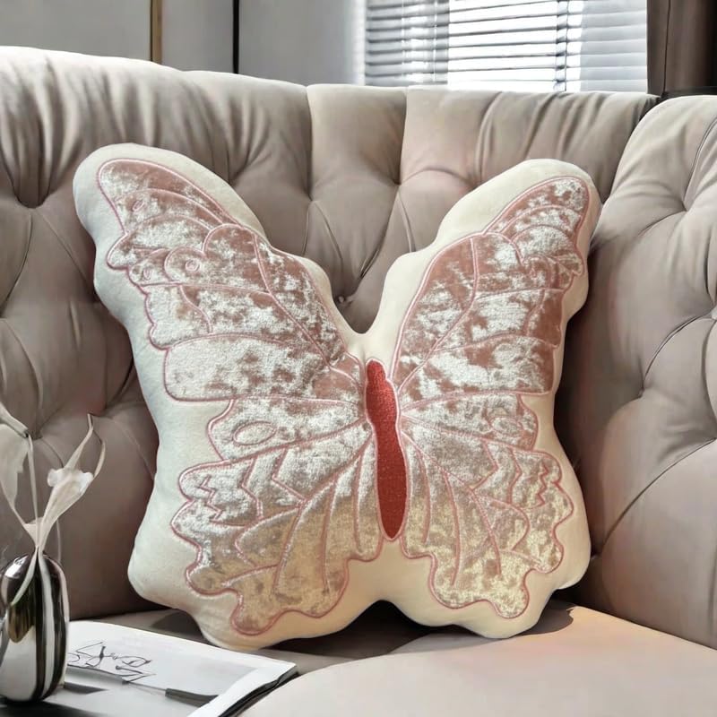 KIJISU Butterfly Throw Pillow, Pink Butterfly-Shaped Glitter Velvet Stuffed Cushion Shiny Spring Decorative Animal Pillow for Couch Living Room Bed (