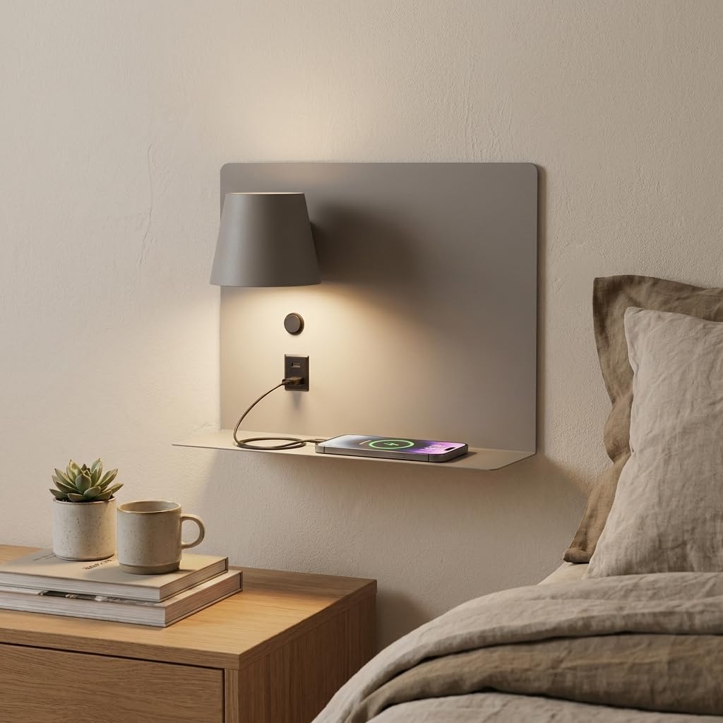 BARCELONA LED Wandleuchte BASKOP 6W Grau Links | Leselicht auf der linken Seite | USB + USB-C | Bettkopfteil Lampe mit Ablage | LED 2700K Warmweiß | 350° Drehbarer Spot für Schlafzimmer Modern