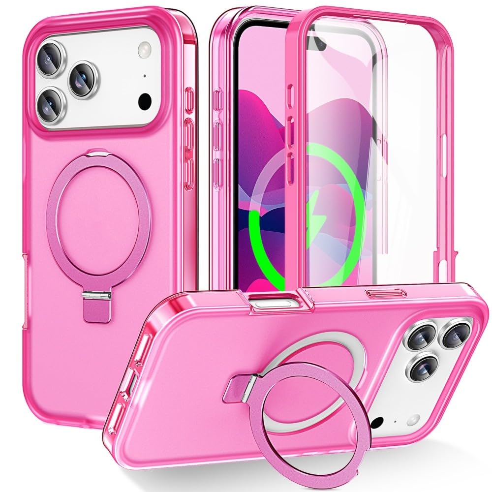 Coque iPhone 14 silicone rigide rose avec anneau support écran et protection arrière - 7