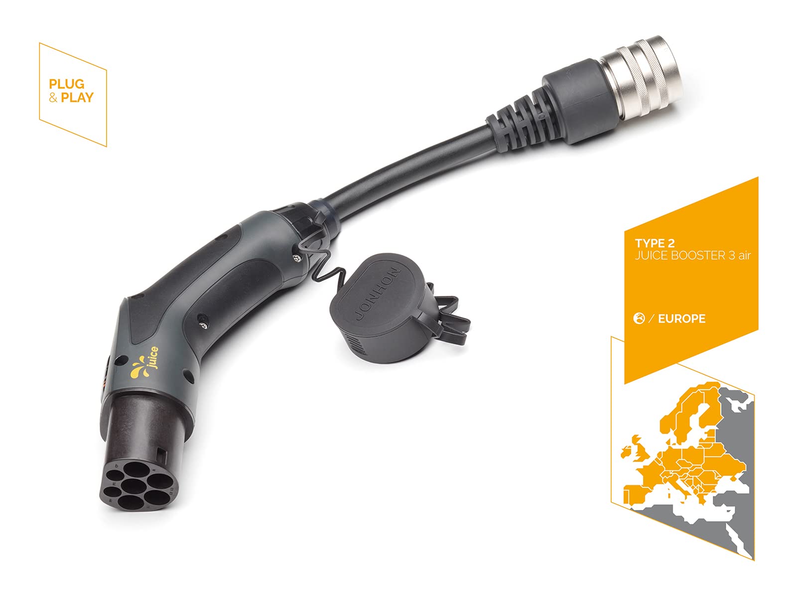 Juice Connector, Adapter Typu 2 do Pojazdów Elektrycznych, Rozwiązanie do Ładowania z Automatyczną Regulacją, Kompatybilne z Juice Booster 3 air wallbox