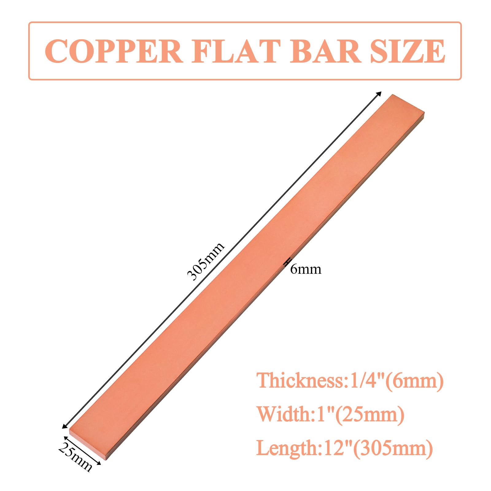 1 barra piatta in rame C110 da 1/4" x 1" x 12" lunga 30,5 cm, 6 x 25 x 305 mm, 99,98% rame puro al 99,98%, connettori elettrici per elettroplaccatura (1 pezzo, 6 x 25 x 305 mm)