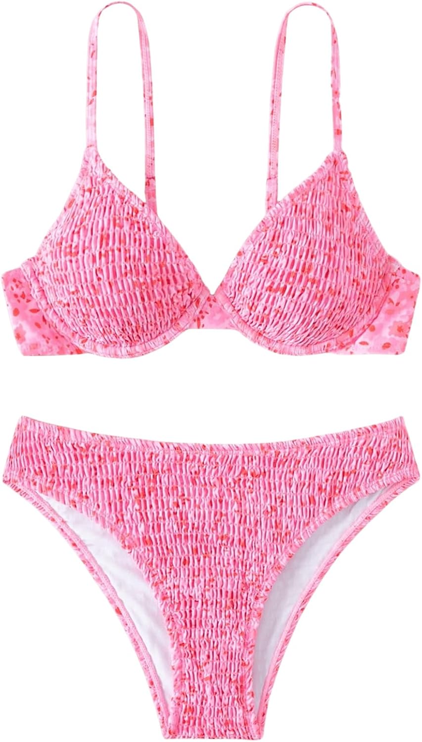 SweatyRocks Women's 2 Piece Bikini Sets Ditsy Floral Spaghetti Strap Swimsuit High Cut Bathing Suit