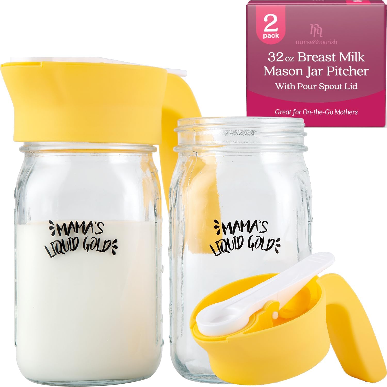 Nurse & Nourish [2 Pack 32oz Breastmilk Pitcher w/Pour Spout Handle – Breast Milk Mason Jar Pitcher – Glass Pitcher for Breastmilk – Glass Breastmilk Storage Pitcher – Breast Milk Pitcher for Fridge