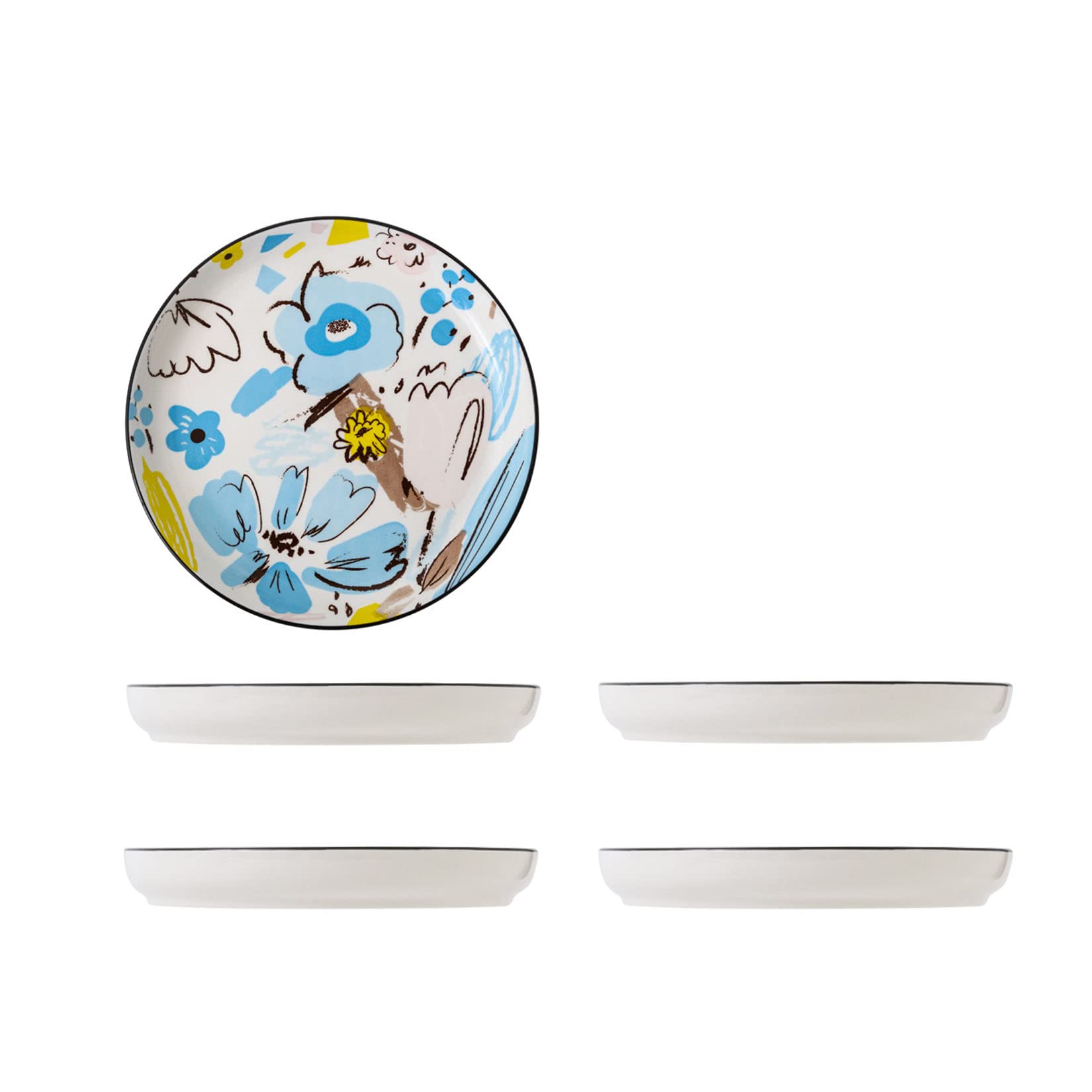 Juego De 4 Platos De Porcelana De 8,5 Pulgadas, Decorados Con Creativos Estampados De Flores, Borde De Plato Elevado, Puede Contener Ensaladas, Bistecs, Postres,Azul,8.5in
