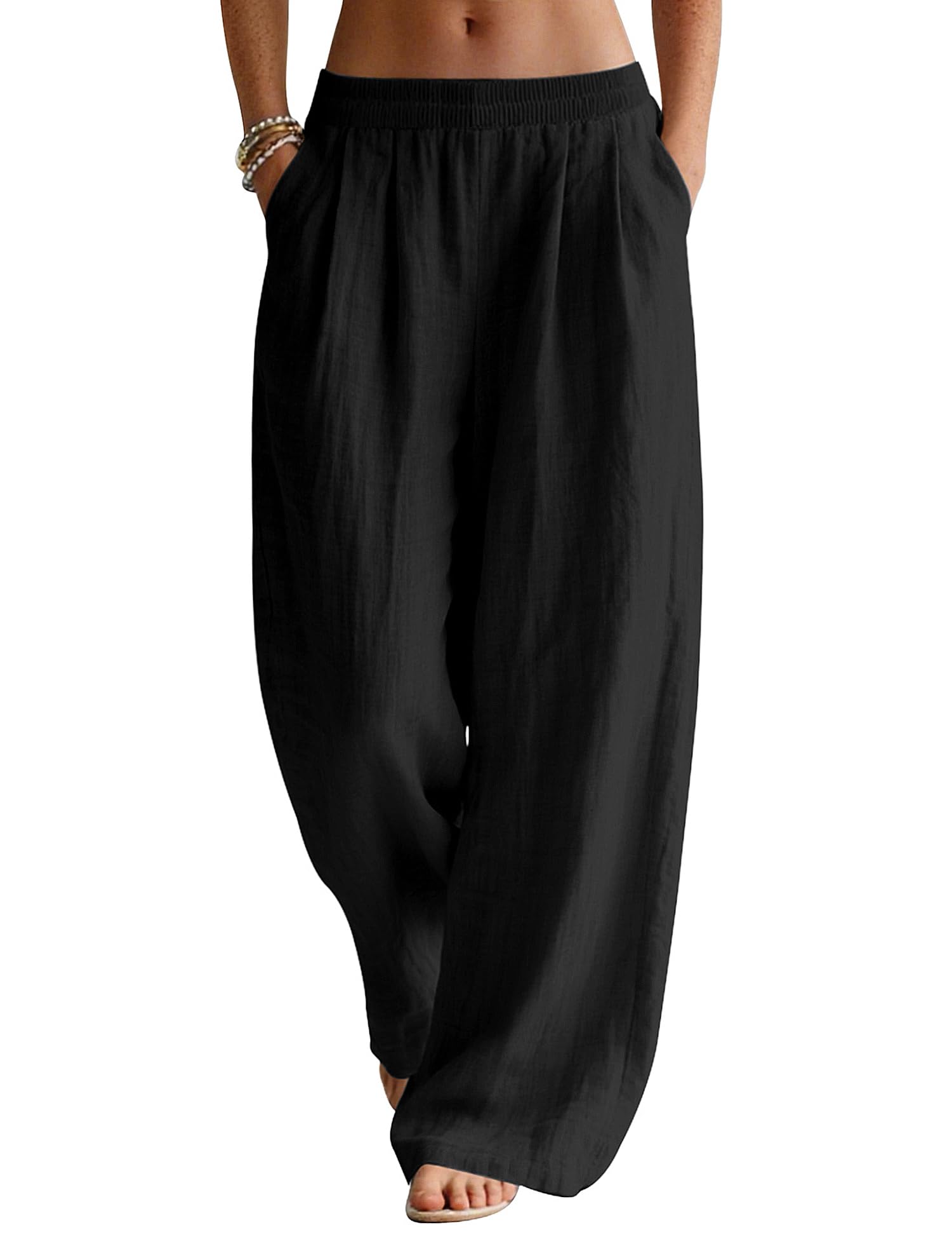 Rapbin Leinenhose Damen Sommer Hose Casual Strandhose Weite Bein Freizeithose Elegant Einfarbig Sommerhose Leichte Leinen Stoffhose mit Taschen