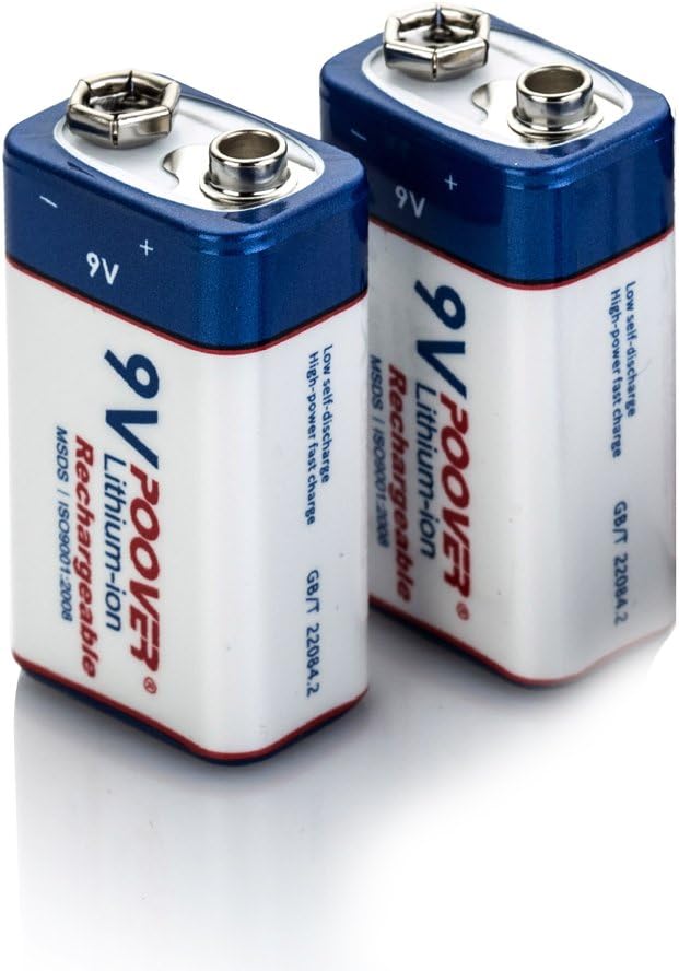 9V Lithium Battery,POOVER 700mAh 6f22 9volt Li-ion Rechargeable Batteries with 9v Battery Connector(2 Pack Batteries)