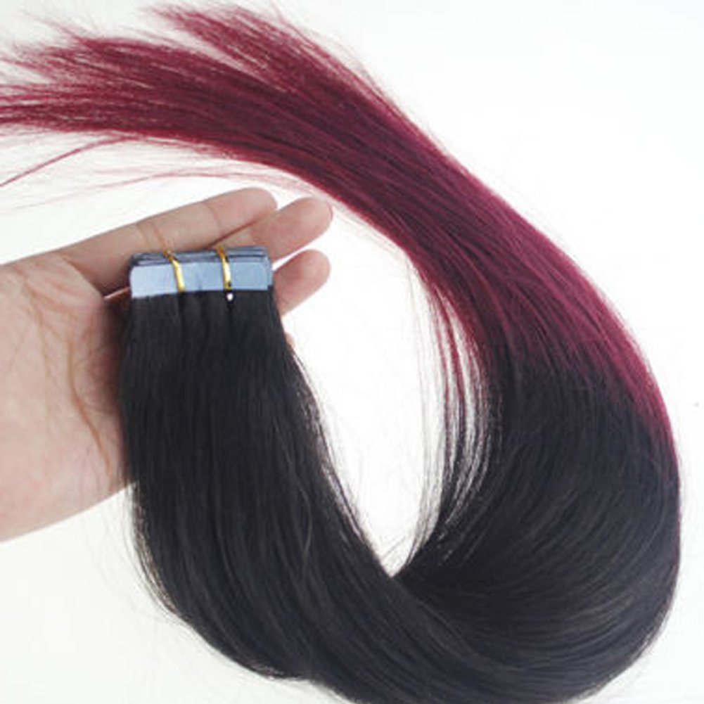 Remy Human Hair Extensions Tape in Straight Hair Dip Dye Ombre Super T Colors Hair (T Colors #1b/bug)