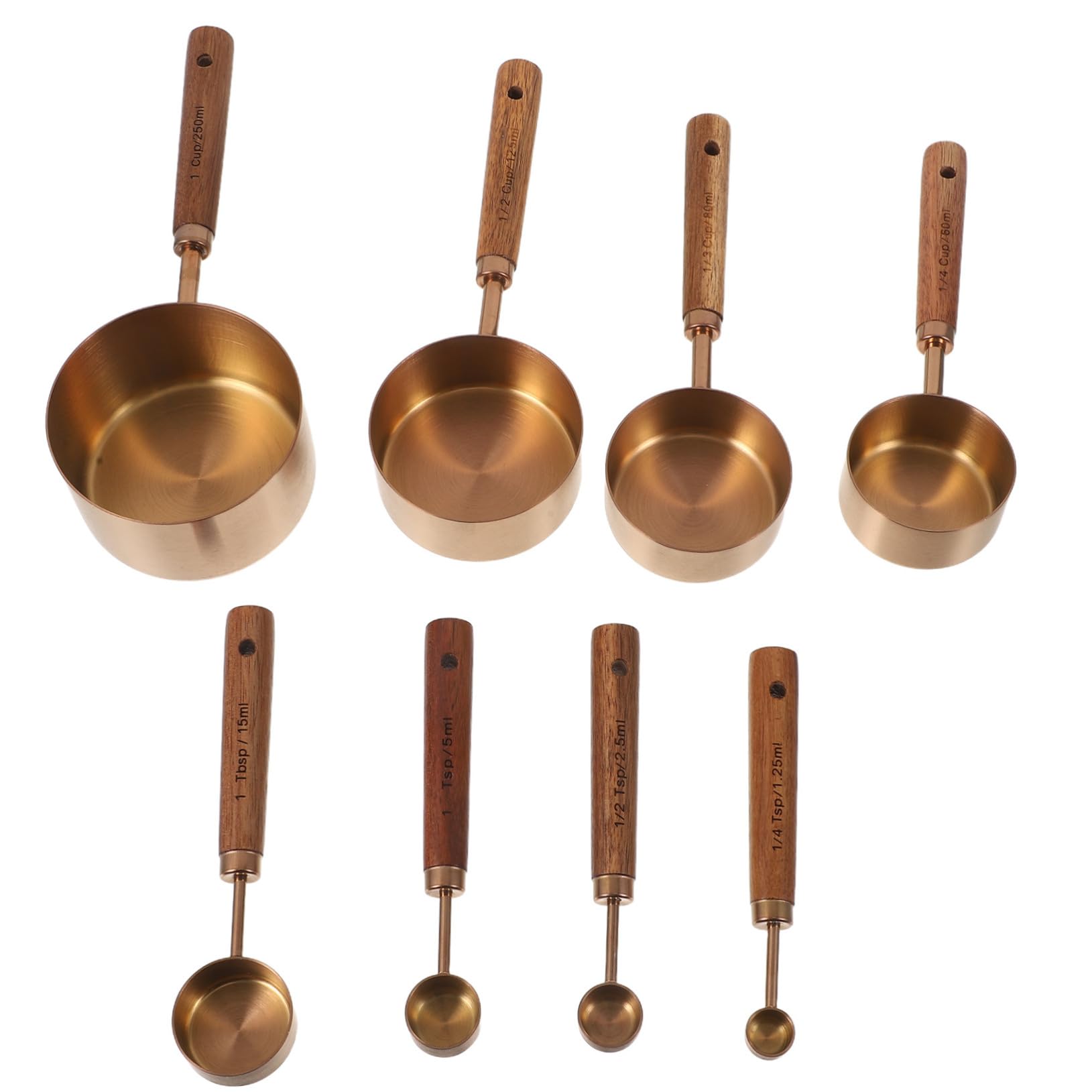 Ensemble de 8 Pièces Ustensiles Cuisine en Acier Inoxydable et Bois, Cuillères à Mesurer pour Ingrédients Liquides et Secs, Compatibles Lave-vaisselle, pour Préparation Café