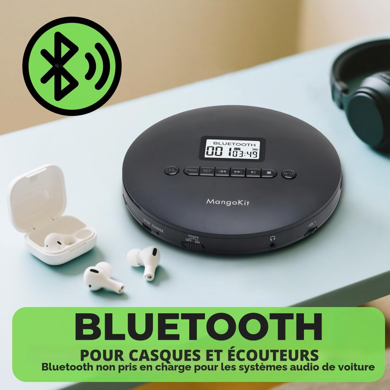 Lecteur CD portable MangoKit CD-X pour voiture avec Bluetooth 5.3, lecture MP3, écouteurs : lecteur CD personnel avec fonction antidérapante, batterie rechargeable