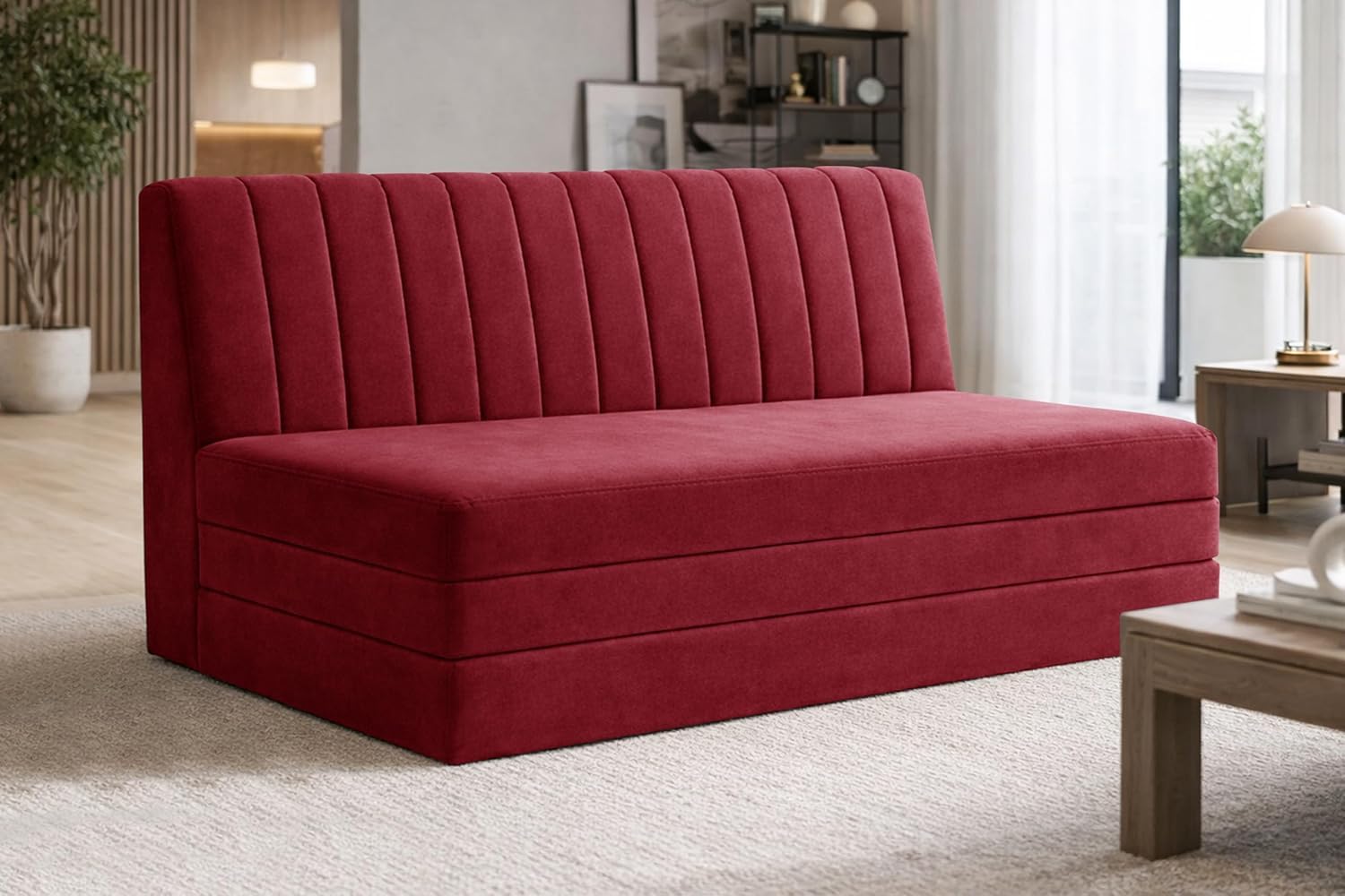 Deco Studio Three-Seater Convertible Floor Sofa Bed Modern Velvet Fabric Folding Couch for Living Room, Guest Room & Small Spaces-Red discount deal