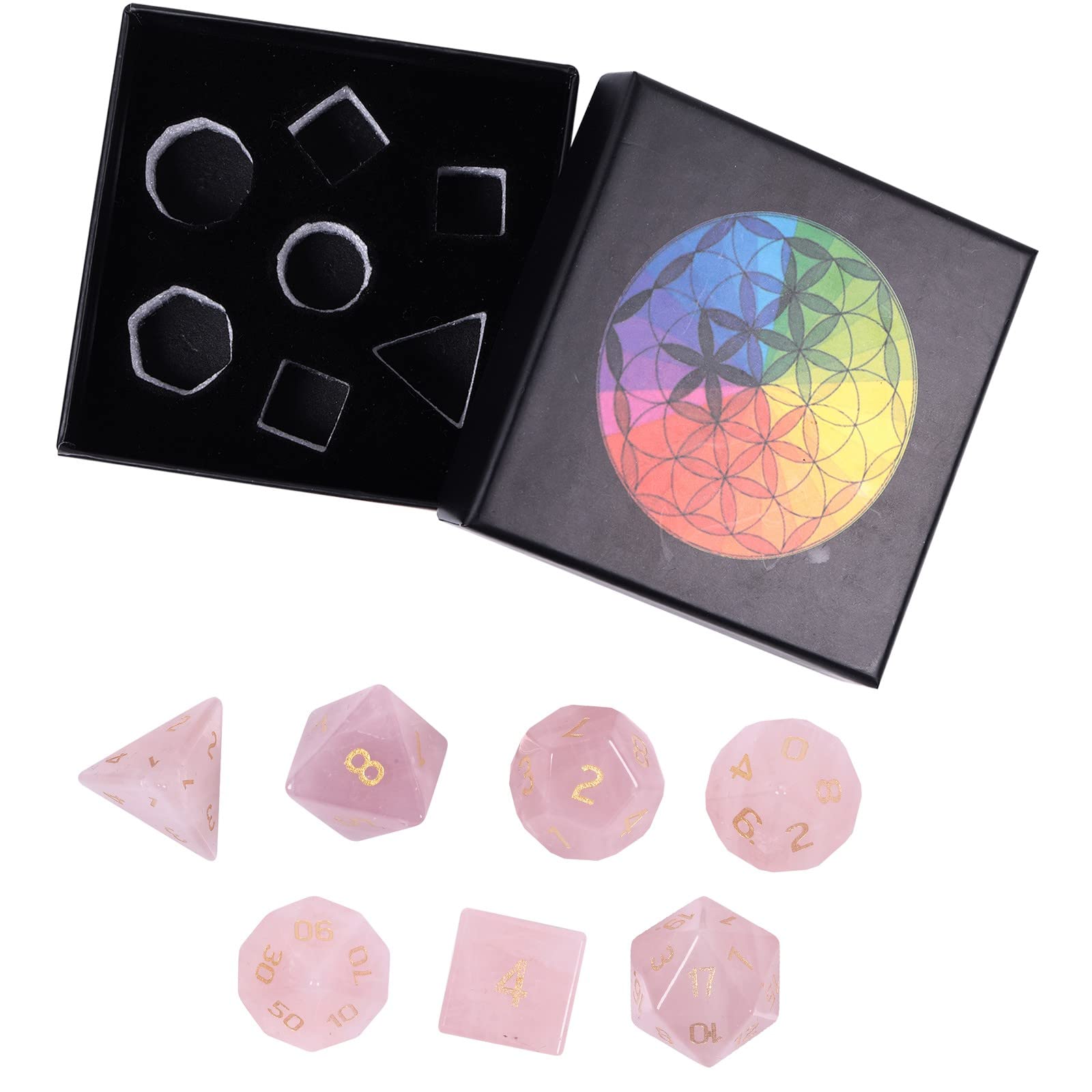 KYEYGWO Rosenquarz Kristall Polyedrische Würfel Set, 7pcs Reiki Heilung Stein Polyedrischer Spielwürfel für Dungeons und Dragons RPG DND Dice Tischkartenspiele Brettspielwürfel
