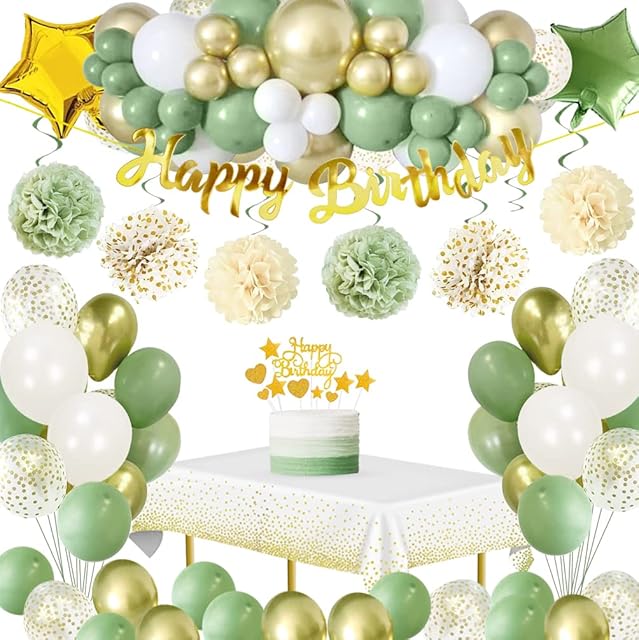 Birthday Decorations for Women Man,SIMSPEAR Birthday Party Decorations Green Gold with Avocado Green Balloons,Happy Birthday Banner,Cake Topper,Tablecloth Pompons for Women Man Bithday Decortions
