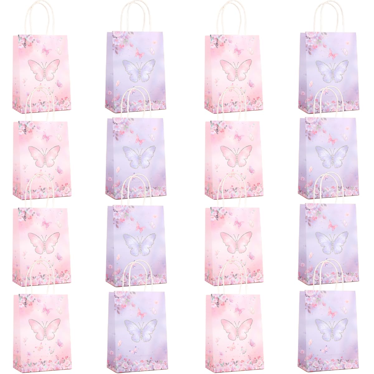 16 Packs Butterfly Gift Bags with Handles, 22x16x8 cm Pink Purple Gift Bags with Twist Handles for Kids or Adults in Birthday party, Weddings, Events or Shopping (butterfly) — image 1
