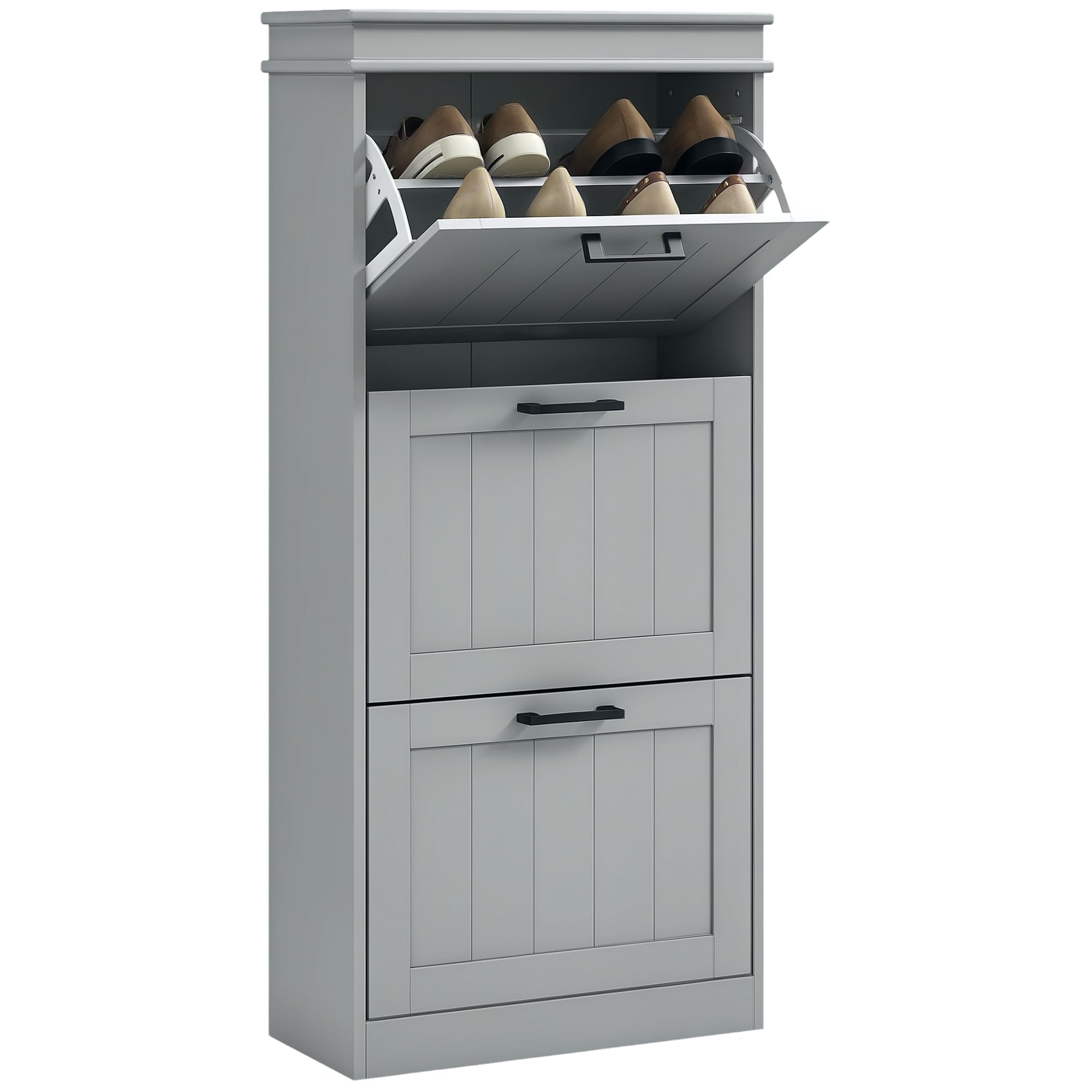 HOMCOM 3 Flip Drawers Narrow Shoe Cabinet, Adjustable Shelves, Grey