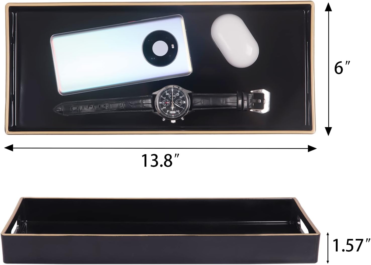 MAONAME Black Bathroom Tray, Plastic Vanity Tray, Narrow Countertop Trays with Handles, Perfume Organizer Trays for Dresser, Bathroom Accessories, 13.8" x 6" x 1.59" - Image 3