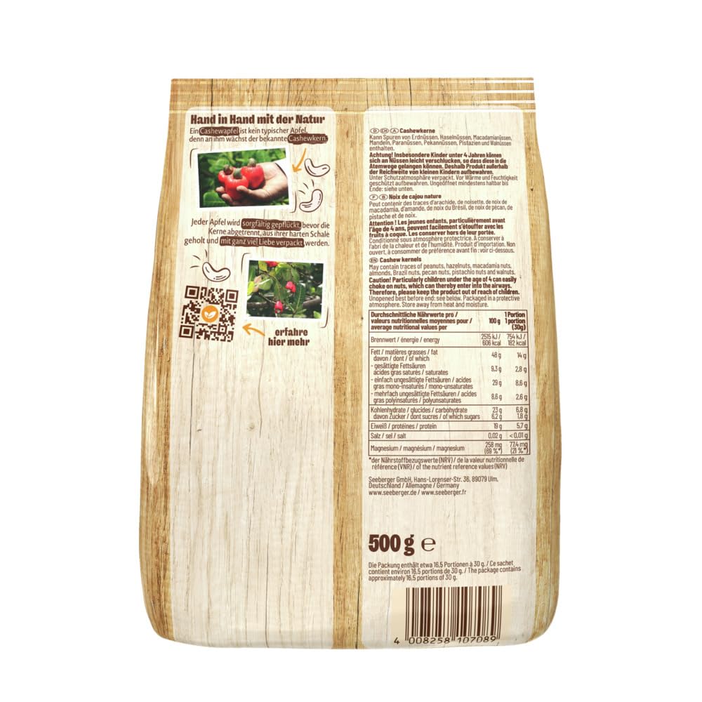 Seeberger Cashewkerne Ganze Cashew Nüsse - reich an Proteinen, Vitaminen & Mineralstoffen - Naturbelassen - ohne Zusatzstoffe, vegan (1 x 500 g)
