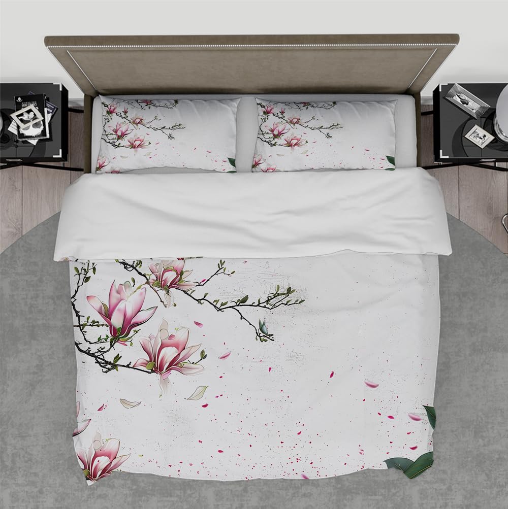 Housse de couette 260x240 fleur rose grand lit adulte avec motif floral magnolia