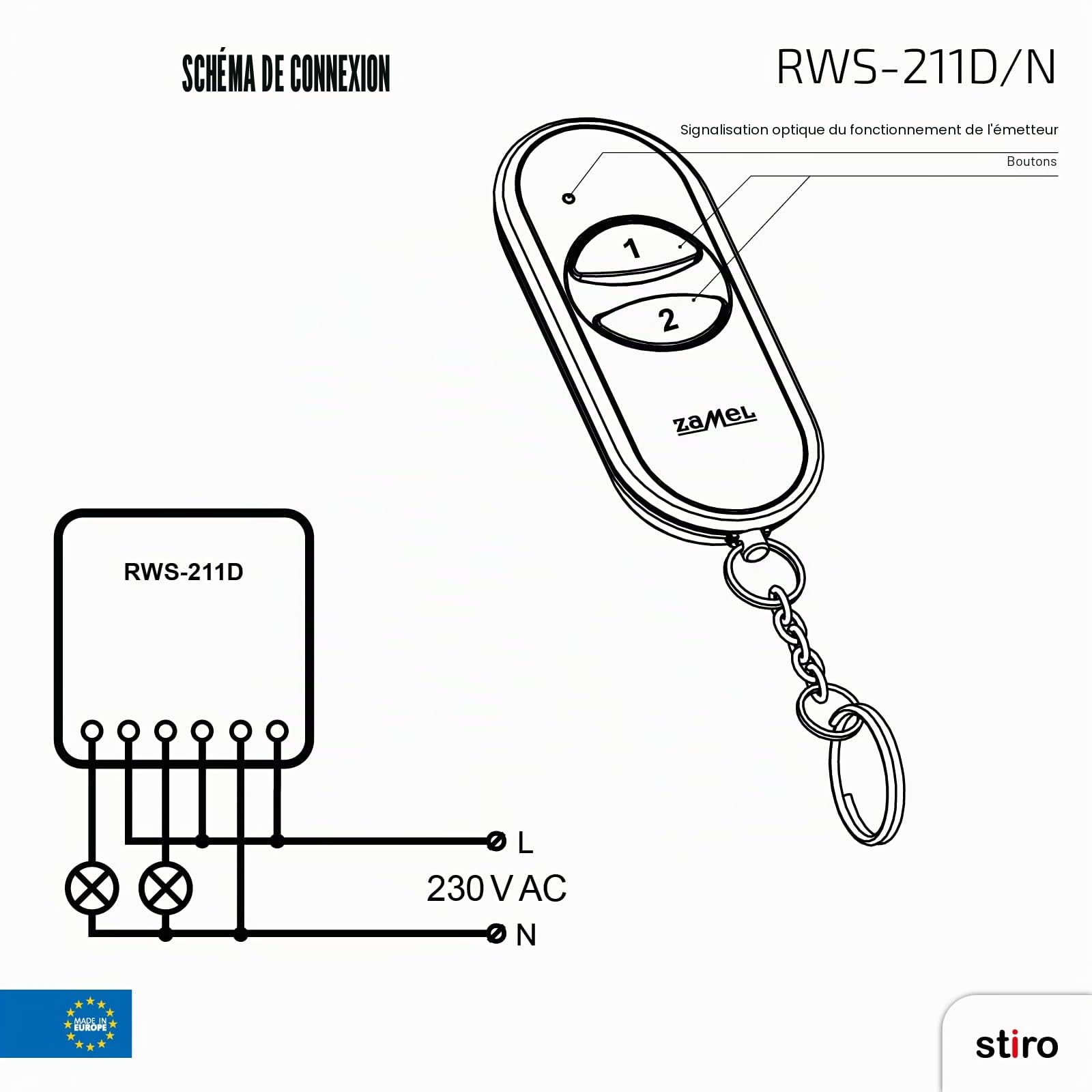Etero Remote Switch avec ensemble de transmetteur, 2 canaux, 1 pièce, RWS 211d/N