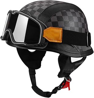 Open Face German Style Motorcycle Half Helmet with Goggles Retro Leather Men Women Helmet DOT Approved Half Shell Adult Helmet for Cruiser Scooter Chopper ATV Moped Motocross